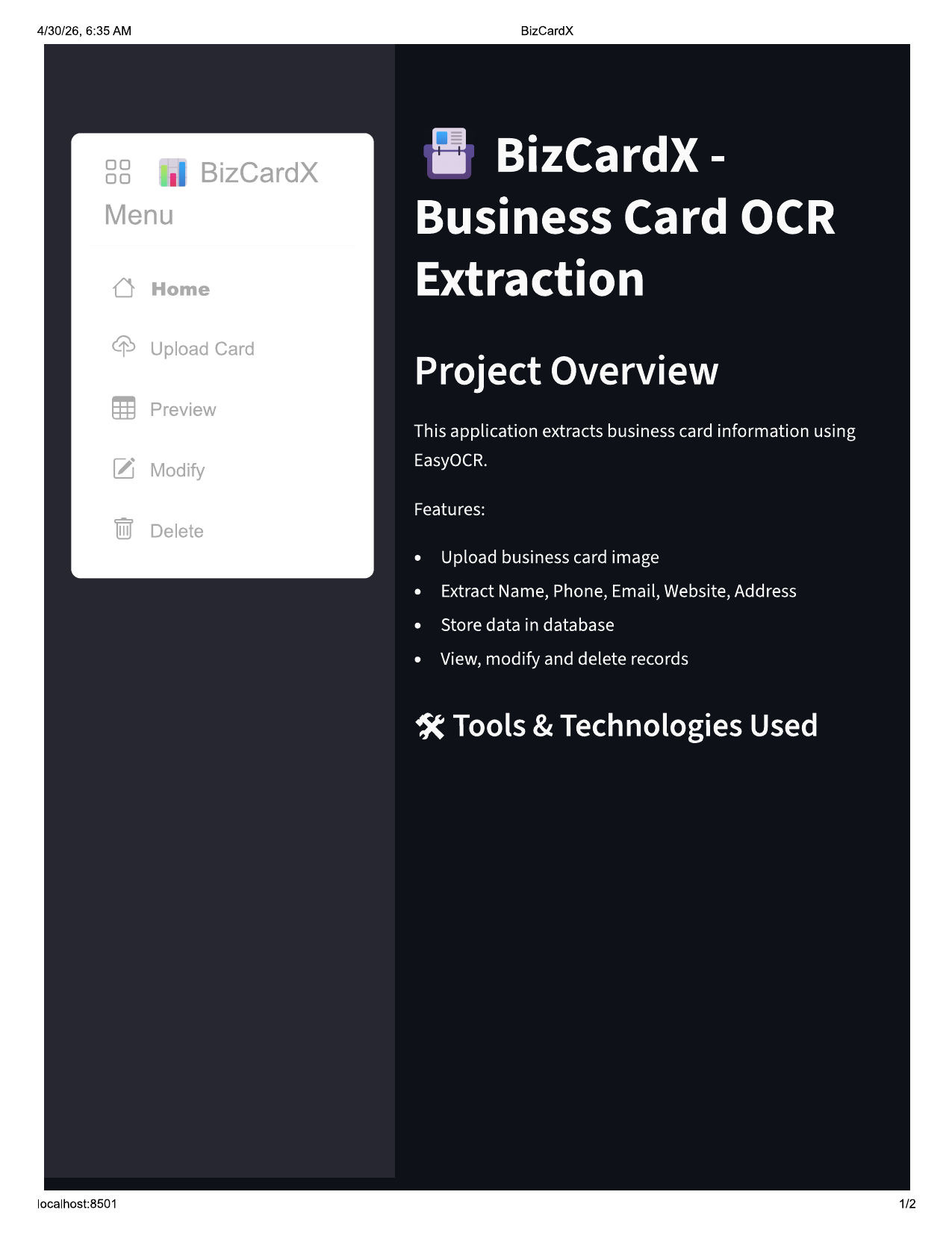 BizCard Home Screen