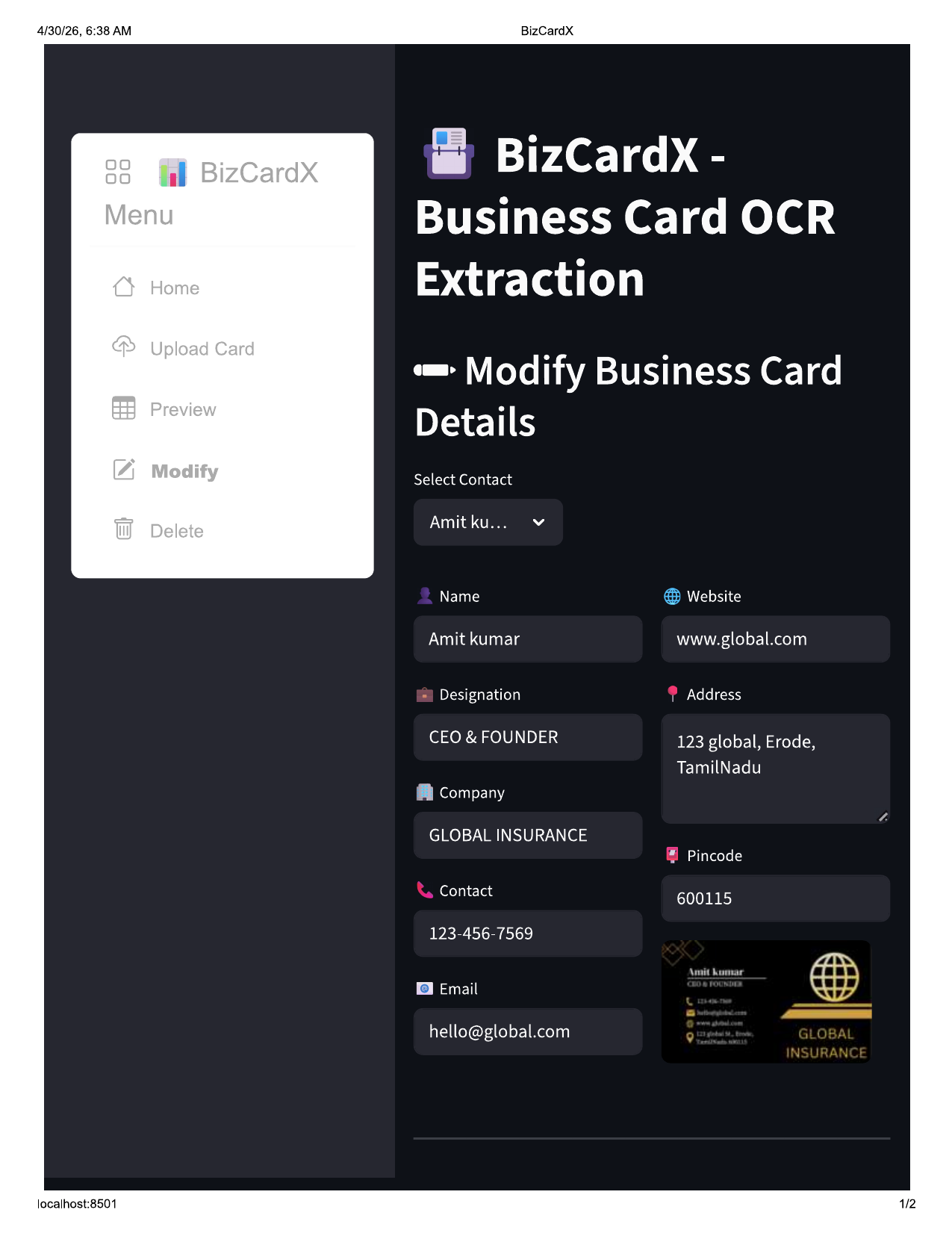 BizCard Modify